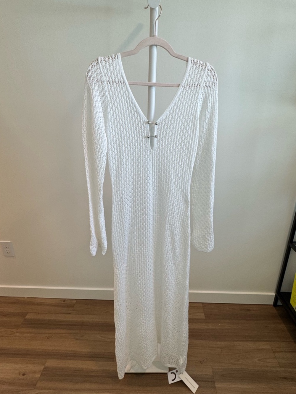 Commense White Knit Long Sleeve V-Neck Maxi Dress coverup